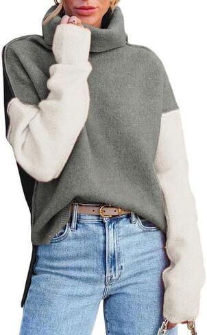 Dokotoo Womens Turtleneck Sweaters Casual Long Sleeve Color Block Side Slit Pullover Knit Jumper Tops in Kuwait