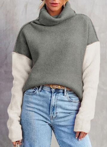 Dokotoo Womens Turtleneck Sweaters Casual Long Sleeve Color Block Side Slit Pullover Knit Jumper Tops in Kuwait