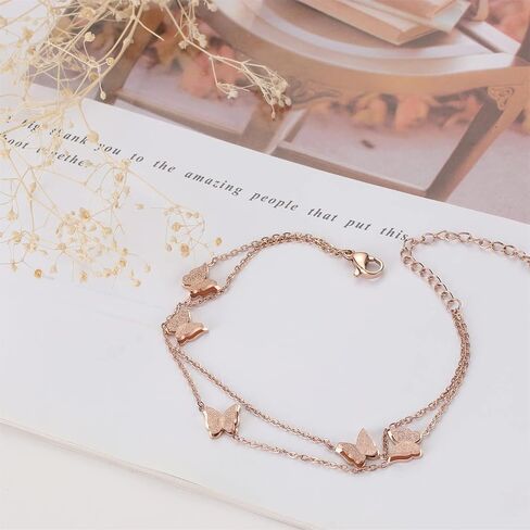 Rofusn Layered Chain Heart Butterfly Bracelet for Women, Stainless Steel Adjustable Dainty Link Chain Bracelet Wristband Anklet Jewelry in Saudi Arabia
