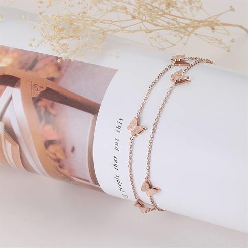 Rofusn Layered Chain Heart Butterfly Bracelet for Women, Stainless Steel Adjustable Dainty Link Chain Bracelet Wristband Anklet Jewelry in Saudi Arabia