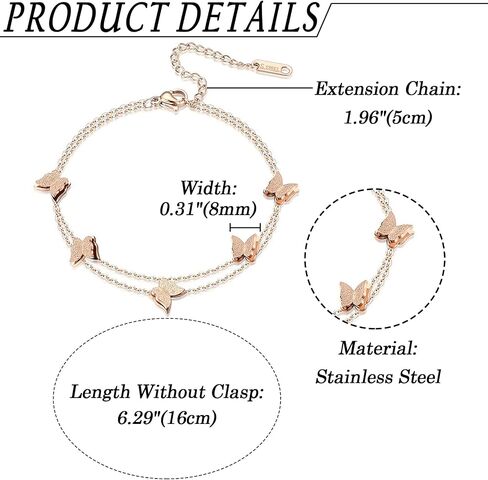 Rofusn Layered Chain Heart Butterfly Bracelet for Women, Stainless Steel Adjustable Dainty Link Chain Bracelet Wristband Anklet Jewelry in Saudi Arabia