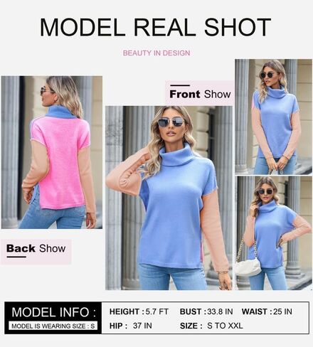 Dokotoo Womens Turtleneck Sweaters Casual Long Sleeve Color Block Side Slit Pullover Knit Jumper Tops in Kuwait