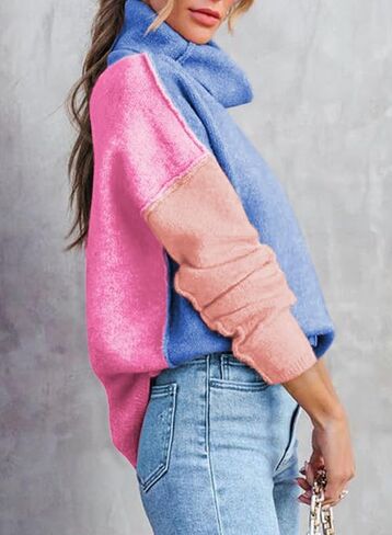 Dokotoo Womens Turtleneck Sweaters Casual Long Sleeve Color Block Side Slit Pullover Knit Jumper Tops in Kuwait