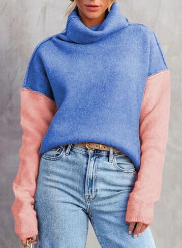 Dokotoo Womens Turtleneck Sweaters Casual Long Sleeve Color Block Side Slit Pullover Knit Jumper Tops in Kuwait