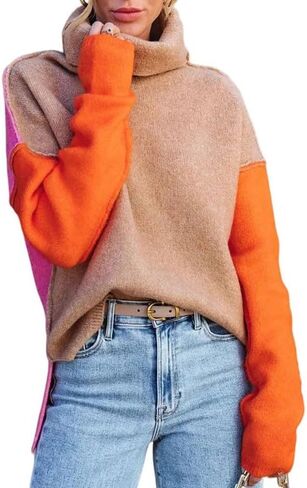 Dokotoo Womens Turtleneck Sweaters Casual Long Sleeve Color Block Side Slit Pullover Knit Jumper Tops in Kuwait