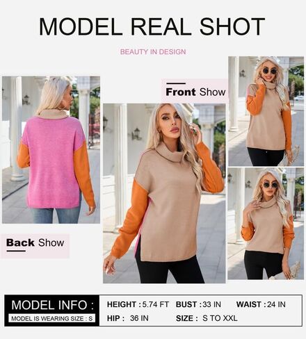 Dokotoo Womens Turtleneck Sweaters Casual Long Sleeve Color Block Side Slit Pullover Knit Jumper Tops in Kuwait