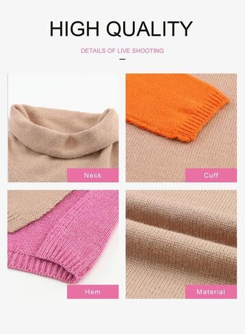 Dokotoo Womens Turtleneck Sweaters Casual Long Sleeve Color Block Side Slit Pullover Knit Jumper Tops in Kuwait