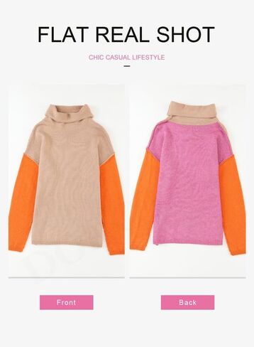 Dokotoo Womens Turtleneck Sweaters Casual Long Sleeve Color Block Side Slit Pullover Knit Jumper Tops in Kuwait