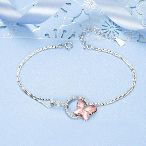 EleQueen 925 Sterling Silver CZ Butterfly Charm Link Bracelet Made with Austrian Crystals Hypoallergenic Jewelry for Women, Valentine's Day/Mother's Day/Christmas Jewelry Gift for Wife/Mom in Saudi Arabia