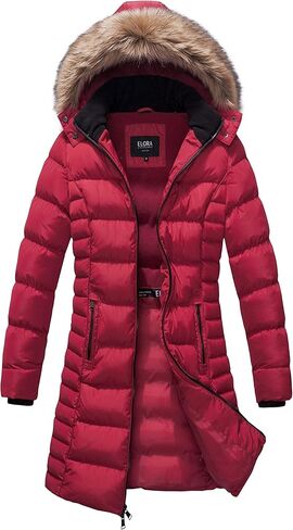 ELORA Women's Winter Parka Vegan-Down Puffer Mid- Length Coat Faux Fur Trim Removable Hood in Saudi Arabia