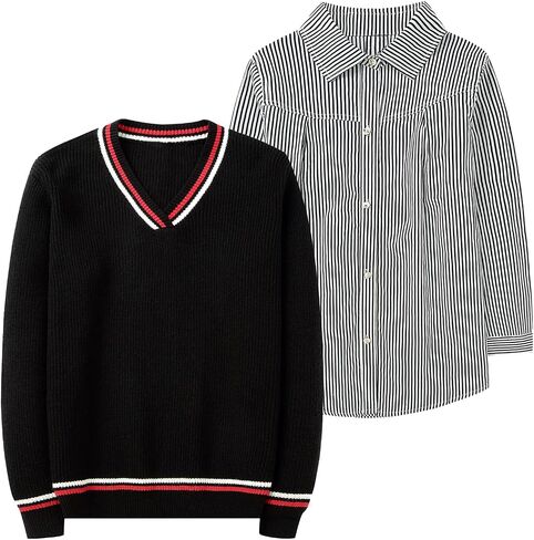 LittleSpring 2-Piece Kids V-Neck Sweater and Long Sleeve Button Down Striped Shirt Set in Saudi Arabia