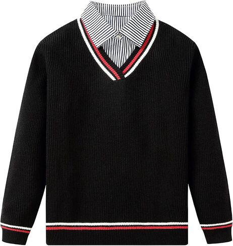 LittleSpring 2-Piece Kids V-Neck Sweater and Long Sleeve Button Down Striped Shirt Set in Saudi Arabia