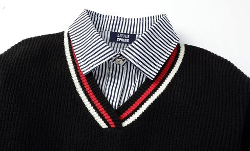 LittleSpring 2-Piece Kids V-Neck Sweater and Long Sleeve Button Down Striped Shirt Set in Saudi Arabia