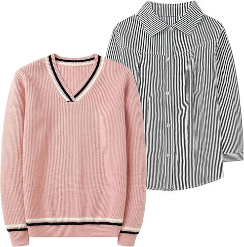 LittleSpring 2-Piece Kids V-Neck Sweater and Long Sleeve Button Down Striped Shirt Set in Saudi Arabia