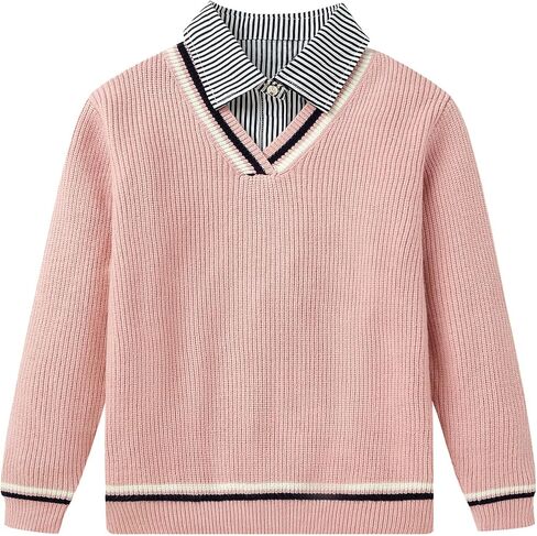 LittleSpring 2-Piece Kids V-Neck Sweater and Long Sleeve Button Down Striped Shirt Set in Saudi Arabia