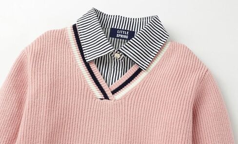 LittleSpring 2-Piece Kids V-Neck Sweater and Long Sleeve Button Down Striped Shirt Set in Kuwait