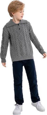 SMILING PINKER Boys Pullover Sweater Buttons Foldover Collar Cable Knit Winter Chunky Tops in Kuwait