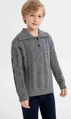 SMILING PINKER Boys Pullover Sweater Buttons Foldover Collar Cable Knit Winter Chunky Tops in Kuwait