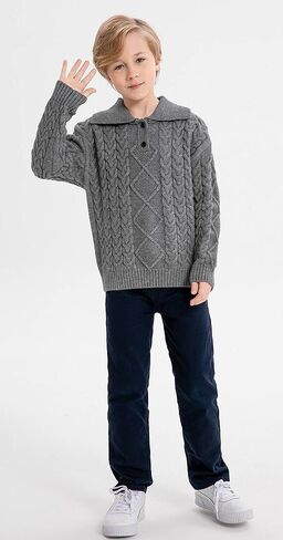 SMILING PINKER Boys Pullover Sweater Buttons Foldover Collar Cable Knit Winter Chunky Tops in Kuwait