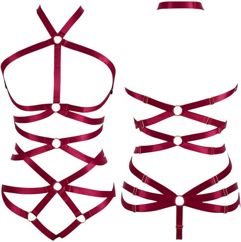 Body Harness Full for Women Garter Belts Set Strappy Elastic Adjust Punk Gothic Art Wear (Wine red-MLCN0072) in Kuwait