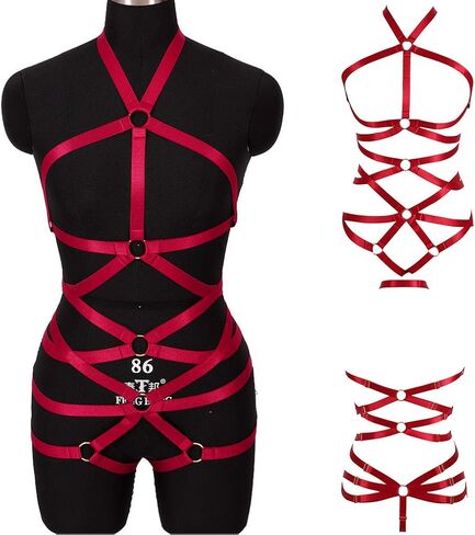 Body Harness Full for Women Garter Belts Set Strappy Elastic Adjust Punk Gothic Art Wear (Wine red-MLCN0072) in Kuwait