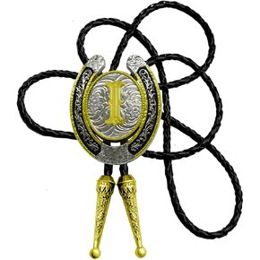 Moranse Upgrate Bolo Tie Golden Initial Letter A to Z In Western Cowboy Horseshoe Style with Cowhide Rope Necktie