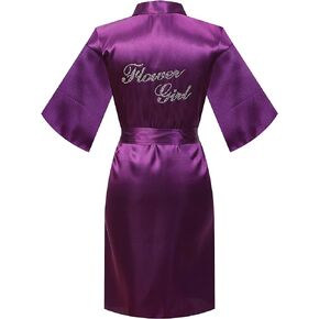 MORFORU Clear Rhinestones Flower Girl Silky Satin Kimono Robe Solid Color Kids Robes for Wedding Spa Party, Short