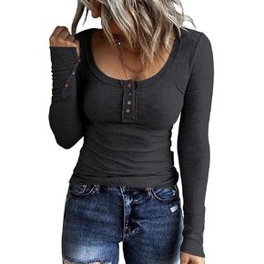 Hount Womens Casual Long Sleeve T Shirts Slim Fit Button Down Henley Basic Tee Tops Ribbed Knit Solid Fall Shirts