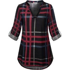 SeSe Code Womens 3/4 Roll Sleeve Plaid Shirt Business Casual Blouses and Tops Dressy for Work