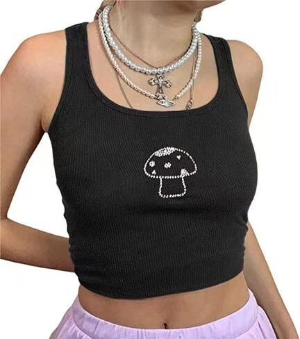 Chvity Womens Ribbed Tank Top Causal Sleeveless Cute Mushroom Graphic Tees Slim Fit Y2K Crop Tops for Teen Girls in Kuwait