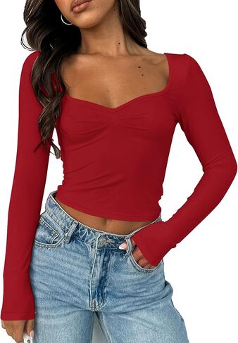 Women Sweetheart Neckline Basic Fitted Tops Long Sleeve Going Out Crop Tops Ruched T Shirts in Saudi Arabia