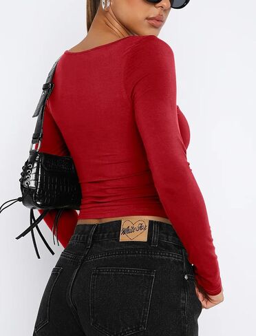 Women Sweetheart Neckline Basic Fitted Tops Long Sleeve Going Out Crop Tops Ruched T Shirts in Saudi Arabia