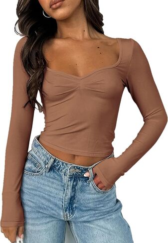 Women Sweetheart Neckline Basic Fitted Tops Long Sleeve Going Out Crop Tops Ruched T Shirts in Saudi Arabia