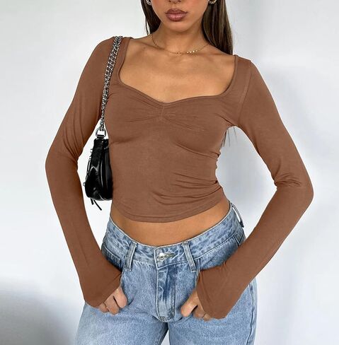 Women Sweetheart Neckline Basic Fitted Tops Long Sleeve Going Out Crop Tops Ruched T Shirts in Saudi Arabia