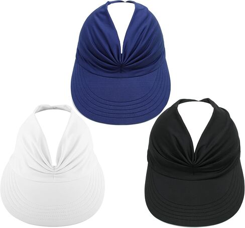 Sport Sun Visor Hats for Women Wide Brim Sun UV Protection Visors Beach Hat Ponytail Hat for Sports Beach Golf Hiking Fishing, Black + White + Dark Blue, One size in Kuwait
