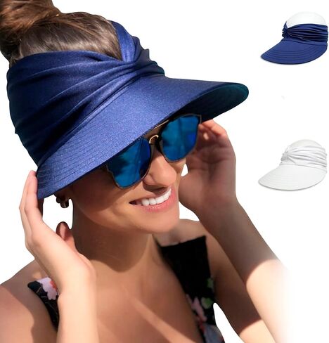 Sport Sun Visor Hats for Women Wide Brim Sun UV Protection Visors Beach Hat Ponytail Hat for Sports Beach Golf Hiking Fishing, Black + White + Dark Blue, One size in Kuwait