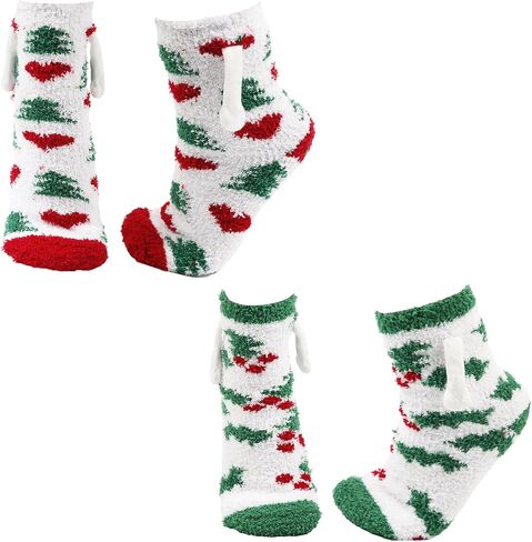 XIHIRCD 2 Pair Christmas Hand Holding Socks, Magnetic Hand Socks Matching Couple Cozy Fluffy Socks Plush Funny Warm Soft Comfy Socks for Christmas Winter in Saudi Arabia