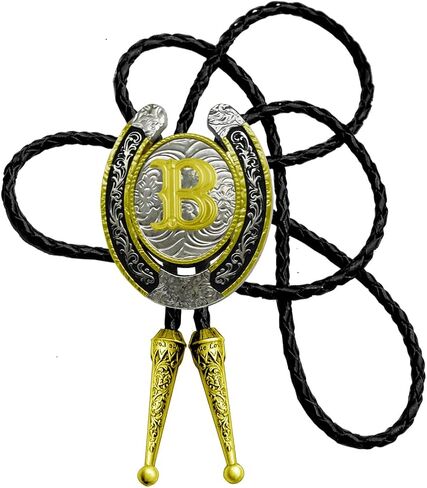 Moranse Upgrate Bolo Tie الذهبي الحرف الأولي من A إلى Z بنمط حدوة حصان رعاة البقر الغربي مع ربطة عنق من جلد البقر in Kuwait