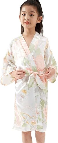 QXQTER Girls Floral Silk Kimono Robe Wedding Flower Girl Robes Dressing Gown Bathrobes Housecoat in Saudi Arabia