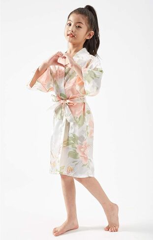 QXQTER Girls Floral Silk Kimono Robe Wedding Flower Girl Robes Dressing Gown Bathrobes Housecoat in Saudi Arabia