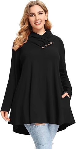 LARACE Cowl Neck Sweatshirts For Women Plus Size Tops With Pockets Long Sleeve Tunic Casual Pullover Button Down Shirt in Saudi Arabia
