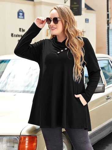 LARACE Cowl Neck Sweatshirts For Women Plus Size Tops With Pockets Long Sleeve Tunic Casual Pullover Button Down Shirt in Saudi Arabia