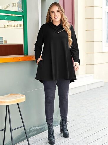 LARACE Cowl Neck Sweatshirts For Women Plus Size Tops With Pockets Long Sleeve Tunic Casual Pullover Button Down Shirt in Saudi Arabia