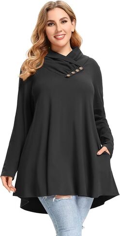 LARACE Cowl Neck Sweatshirts For Women Plus Size Tops With Pockets Long Sleeve Tunic Casual Pullover Button Down Shirt in Saudi Arabia