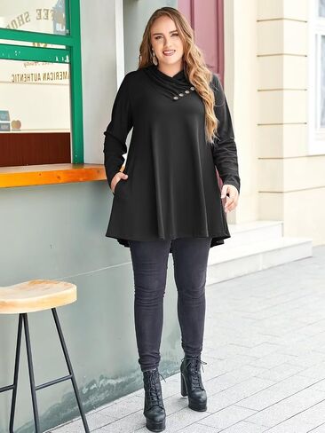 LARACE Cowl Neck Sweatshirts For Women Plus Size Tops With Pockets Long Sleeve Tunic Casual Pullover Button Down Shirt in Saudi Arabia