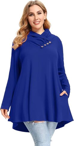 LARACE Cowl Neck Sweatshirts For Women Plus Size Tops With Pockets Long Sleeve Tunic Casual Pullover Button Down Shirt in Saudi Arabia