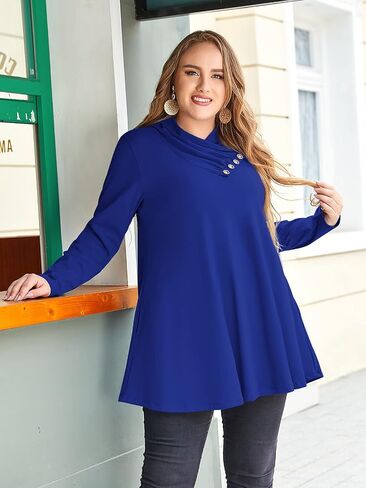LARACE Cowl Neck Sweatshirts For Women Plus Size Tops With Pockets Long Sleeve Tunic Casual Pullover Button Down Shirt in Saudi Arabia