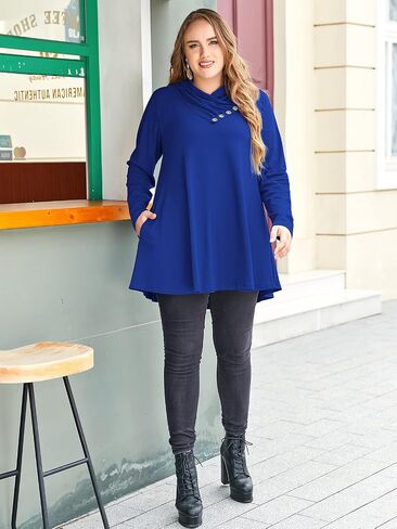 LARACE Cowl Neck Sweatshirts For Women Plus Size Tops With Pockets Long Sleeve Tunic Casual Pullover Button Down Shirt in Saudi Arabia