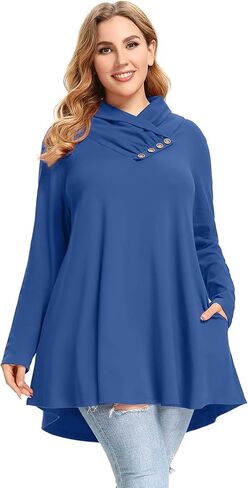 LARACE Cowl Neck Sweatshirts For Women Plus Size Tops With Pockets Long Sleeve Tunic Casual Pullover Button Down Shirt in Kuwait