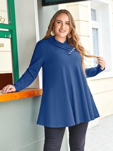 LARACE Cowl Neck Sweatshirts For Women Plus Size Tops With Pockets Long Sleeve Tunic Casual Pullover Button Down Shirt in Kuwait